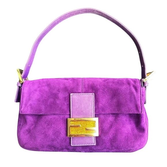 Authentic FENDI Mamma Baguette Suede Gold Glitter Flap Shoulder Bag Purse Purple